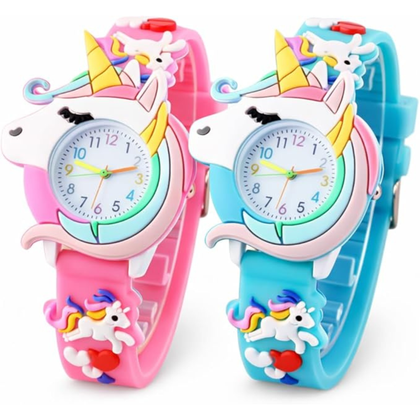 Kids Unicorn Watch Set – Pink & Blue Cartoon Watches