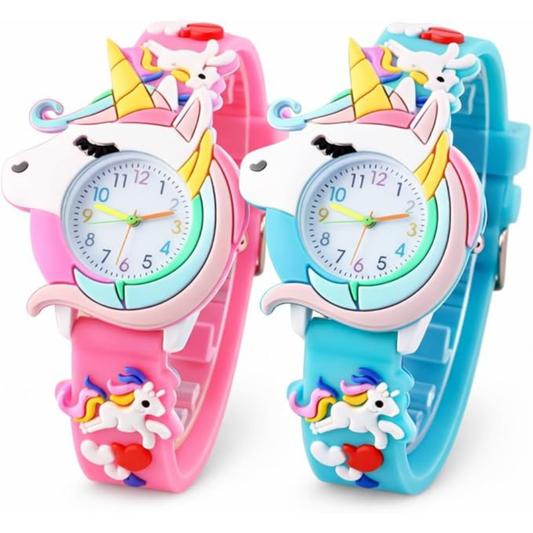 Kids Unicorn Watch Set – Pink & Blue Cartoon Watches